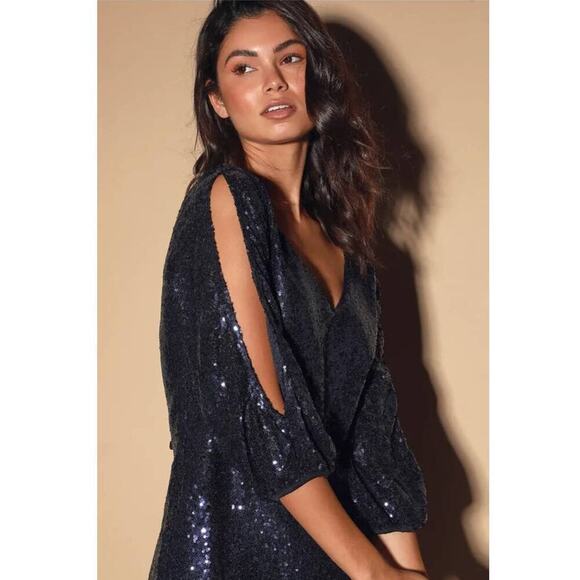 Lulus Moment to Shine Dress Mini Sequin Shoulder Cutout Shift Midnight Blue S - Picture 6 of 11